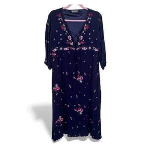 Anandas Blue Floral Embroidered 3/4 Sleeve Midi Dress Womens XL Boho Peasant